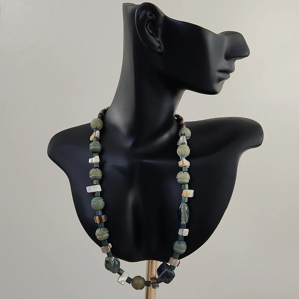 Artisan Green Stone & Mother of Pearl Beaded Statement Necklace Boho